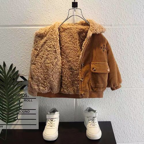 Boy's Corduroy Jacket  New Trendy Baby Thick Collarless Coat Winter Warm Fleece Top Children's Cotton Jacket