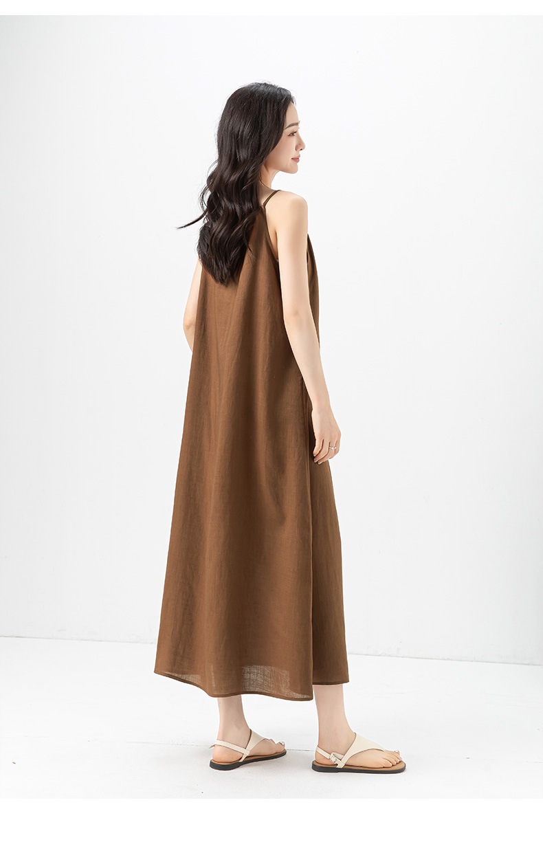 Váy maxi hai dây đính cườm phong cách nghỉ dưỡng, dáng chữ A rộng rãi, chất Tencel phối sợi gai mỏng mùa hè — Màu caramel chi tiết 22