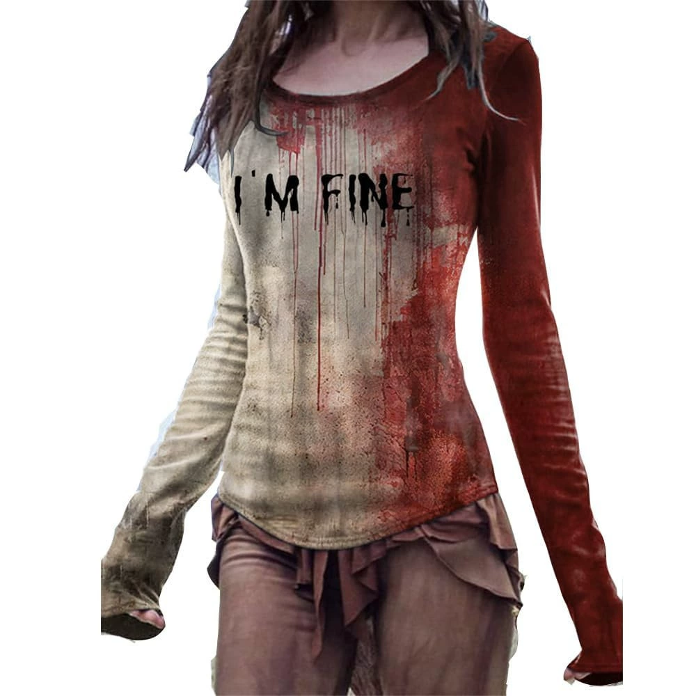 Новый хэллоуин европейские и американские женщины V-образный вырез с длинным рукавом ужаса красный граффити 3D цифровая печать горячая внешняя торговля