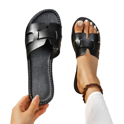 Women's Flat Sandals with Wide Fit, 2025 Summer New Round Toe Leather Patchwork Solid Color Slides for Women
