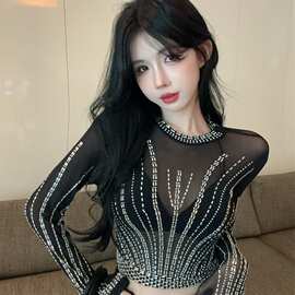 烫钻长袖恤女早秋纯欲辣妹性感透视上衣网纱防晒打底衫内搭