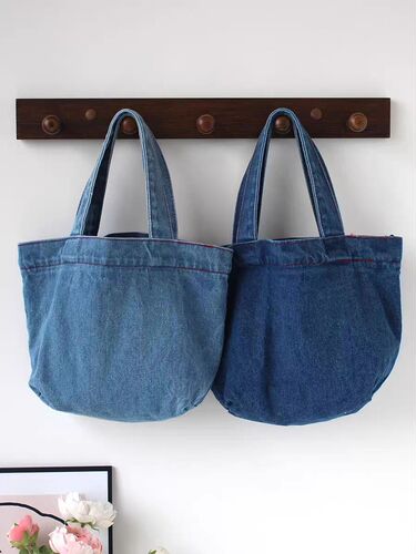 Japanese cartoon embroidered washed denim handbag large capacity student portable bucket bag cute lunch box bag