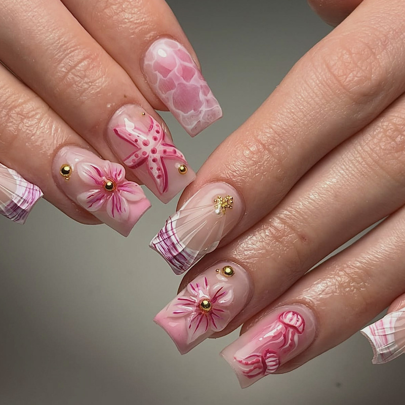 Ocean Style Wearable Nails, Medium Square Shape, Pink 3D Floral Jellyfish Steel Bead Decoration, Detachable Fake Nails Ocean Style Wearable Nails, Medium Square Shape, Pink 3D Floral Jellyfish Steel Bead Decoration, Detachable Fake Nails
