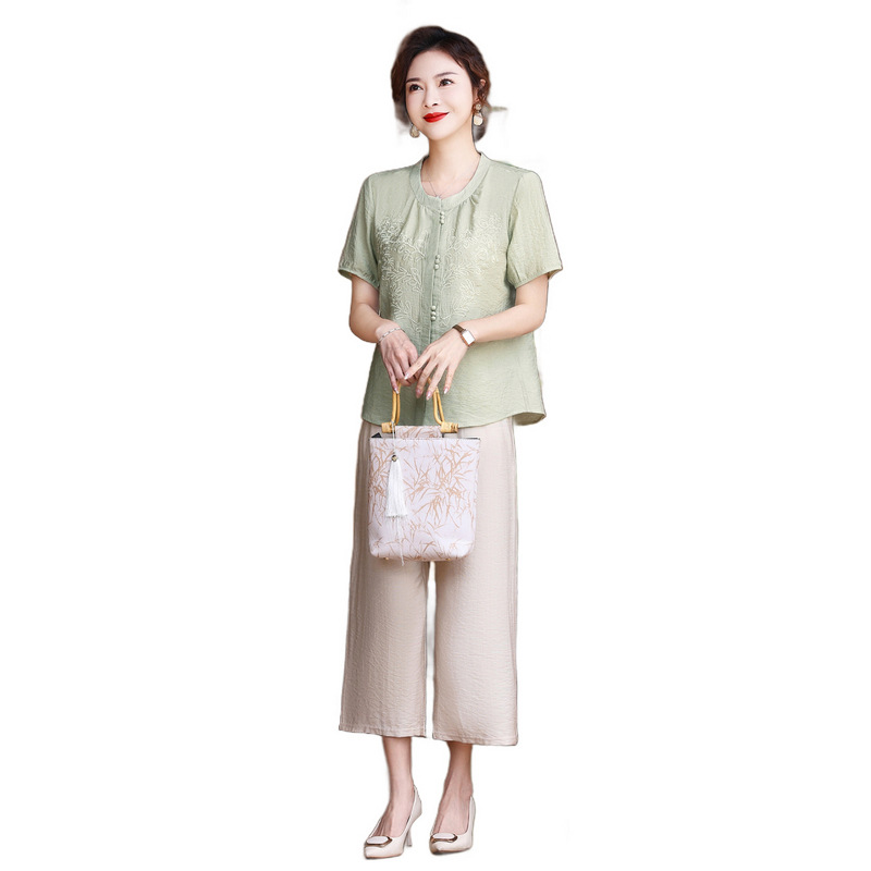 Mother's Day Mother's Suit Summer suit New Chinese Style National Style Shirt for Middle-aged and Elderly Women Summer Western Style Two-piece Suit