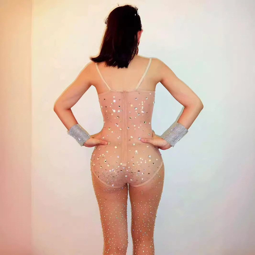 Γυναικεία Ρούχα STOCK τραγουδίστρια DJDS σέξι δικτυωτή πολυτελής ολόσωμη φόρμα με διαμάντια, τρίγωνο με ψηλό πιρούνι, κοστούμι σκηνής_voghion.com