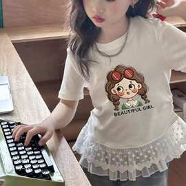 外贸批发双蕾丝花边3D卡通T恤童装女童短袖夏季新款短袖儿童半袖