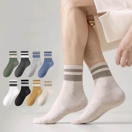 Zhuji Men's Mid-Calf Socks Summer Striped Cotton Socks Anti-Odor Sports Socks Trendy Winter Long Socks for Students