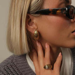 European and American Internet celebrity niche striped water drop earrings 18K gold stainless steel water drop ring high-end jewelry set