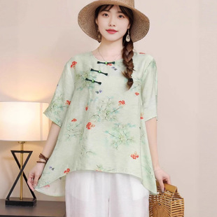 Chinese Style Retro Artistic Round Neck Cotton Linen Short-sleeved T-shirt Women's Printed Chinese Pullover Buckle Zen Tea Top for Women