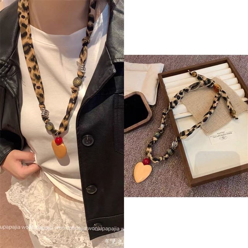 时尚前端~美拉德色豹纹串珠项链女小众独特设计毛衣链挂脖丝巾|undefined
