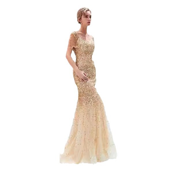 Vestido Largo Ajustado con Cola de Pez para Mujer, Estilo Europeo y Americano, Nuevo para Comercio Exterior 2025, Vestido Sexy con Mangas Raglán y Cuello en V con Adornos Dorados para eBay