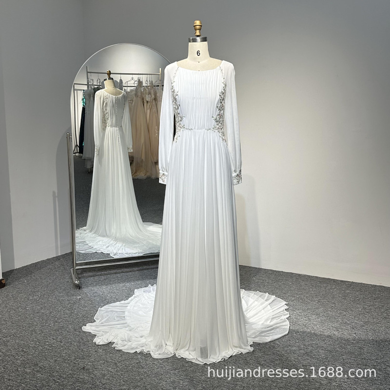 Chiffon Long Sleeve Handmade Embroidered Bead Embroidered Pleated Floor Long Tail Wedding Dress Bride Wedding Luxury Wedding Dress