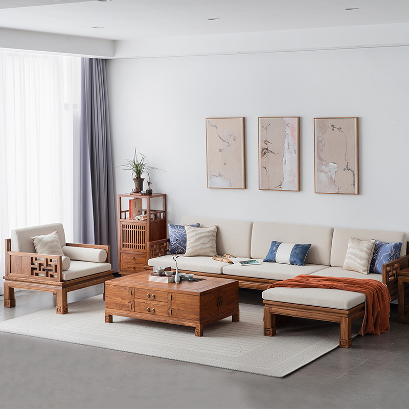 8BWI新中式沙发实木老榆木禅意布艺木质沙发茶几中式客厅家具