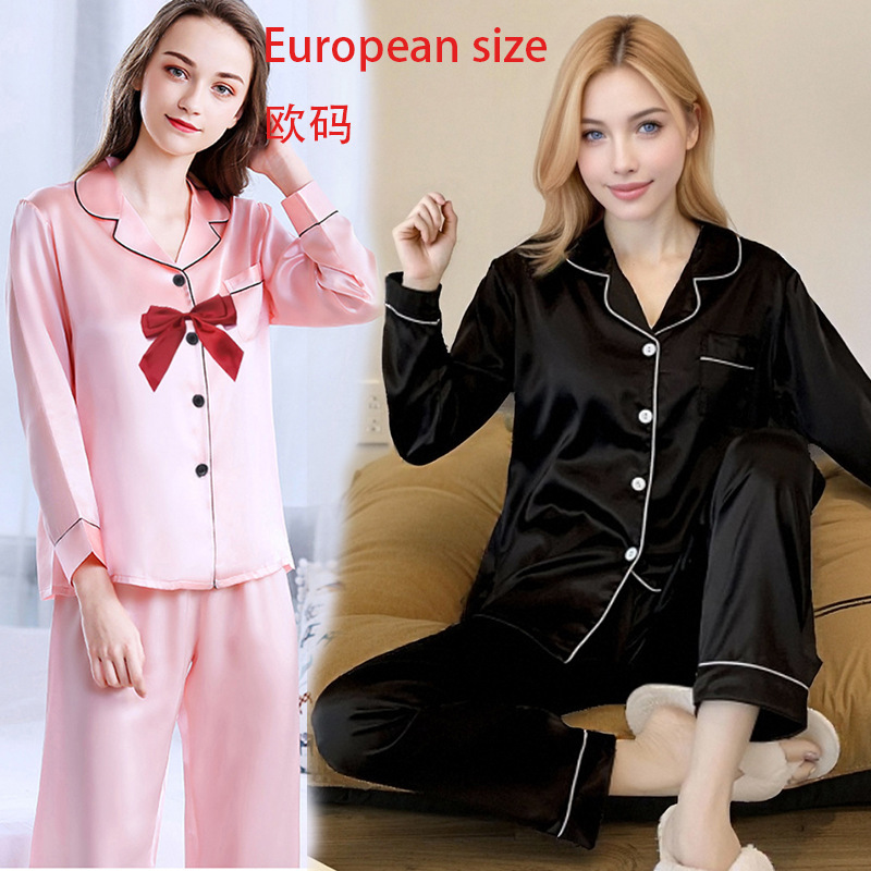 European Size Plus Fertilizer Women's Super plus size Pajamas Long Sleeve Silk Imitation Spring and Autumn Home Clothes Ice Silk Lapel for Hair