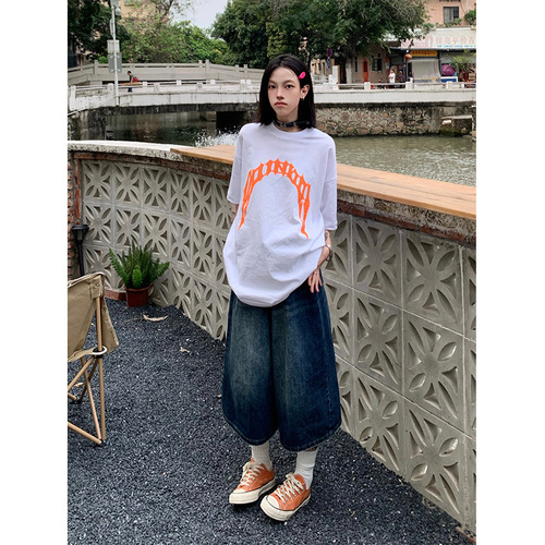 American casual loose silhouette washed retro distressed seven-quarter trendy Hong Kong style straight-leg denim seven-quarter shorts for men and women