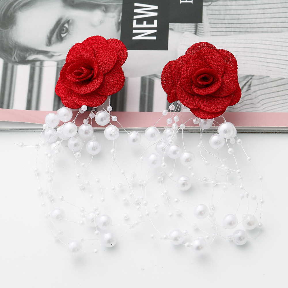 Fashion Chiffon Cloth Lace Flower Pearl Tassel Multilayer Earrings display picture 3