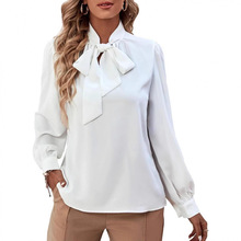 亚马逊2025春秋新款欧美女士蝴蝶结衬衫跨境外贸气质设计感上衣