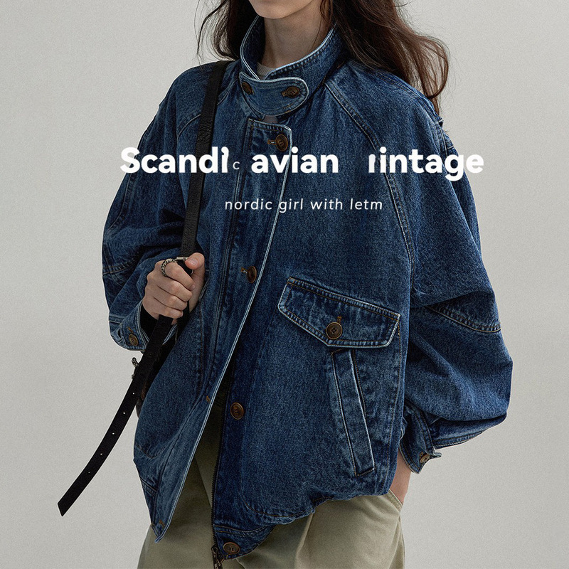 Nordic vintage style/washed denim texture stand-up collar color-blocked silhouette bomber jacket for women