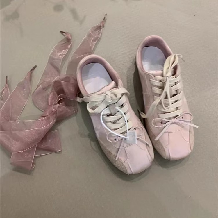 Versión de piel de vaca ~ Ballet bowknot retro todo-fósforo color de contraste alemán zapatos de entrenamiento mujer suela suave estilo deportivo cómodo zapatos casuales