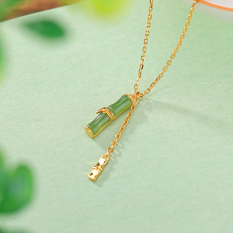 Dây chuyền bạc S925 mặt ngọc bích hình hươu phong cách Trung Hoa — Kiểu màu bạc