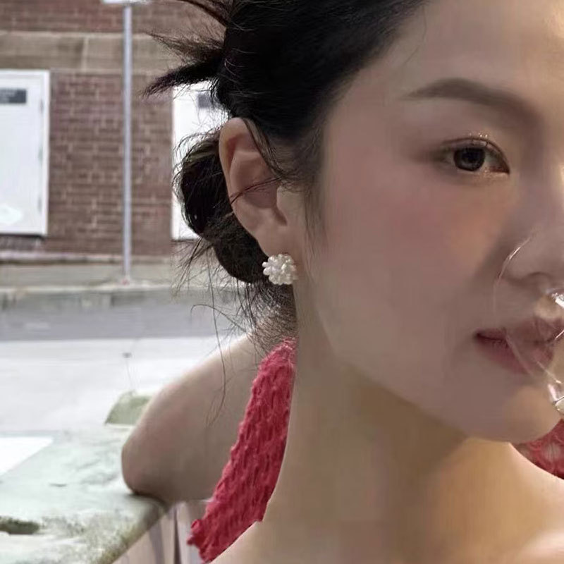 法式復古珍珠耳釘天然淡水925銀針手工編織花球荷靜同款耳環批發