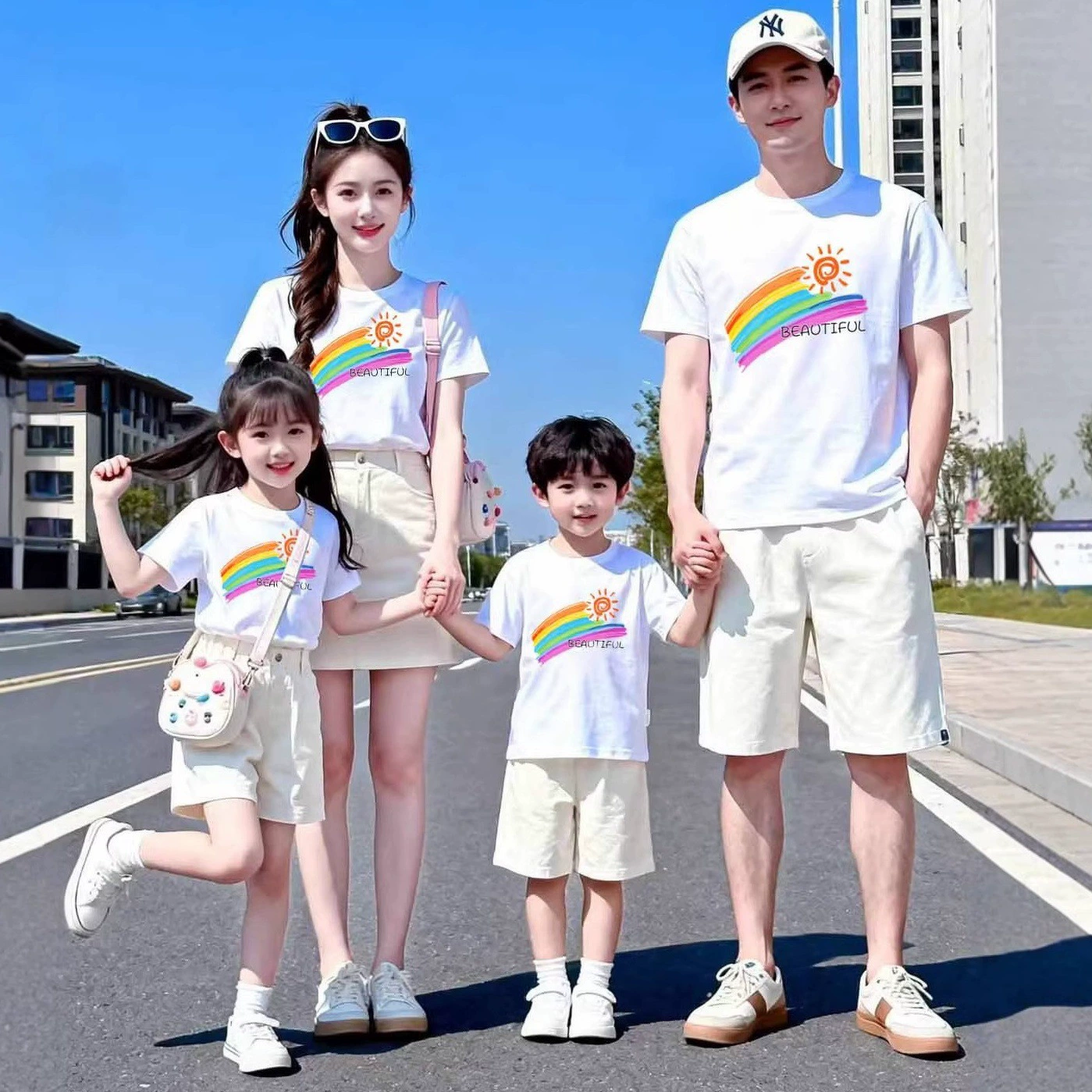 Специальный костюм для родителей и детей Sunshine Красочный Радужный костюм для школьных игр Семья из трех или четырех футболок с короткими рукавами из чистого хлопка