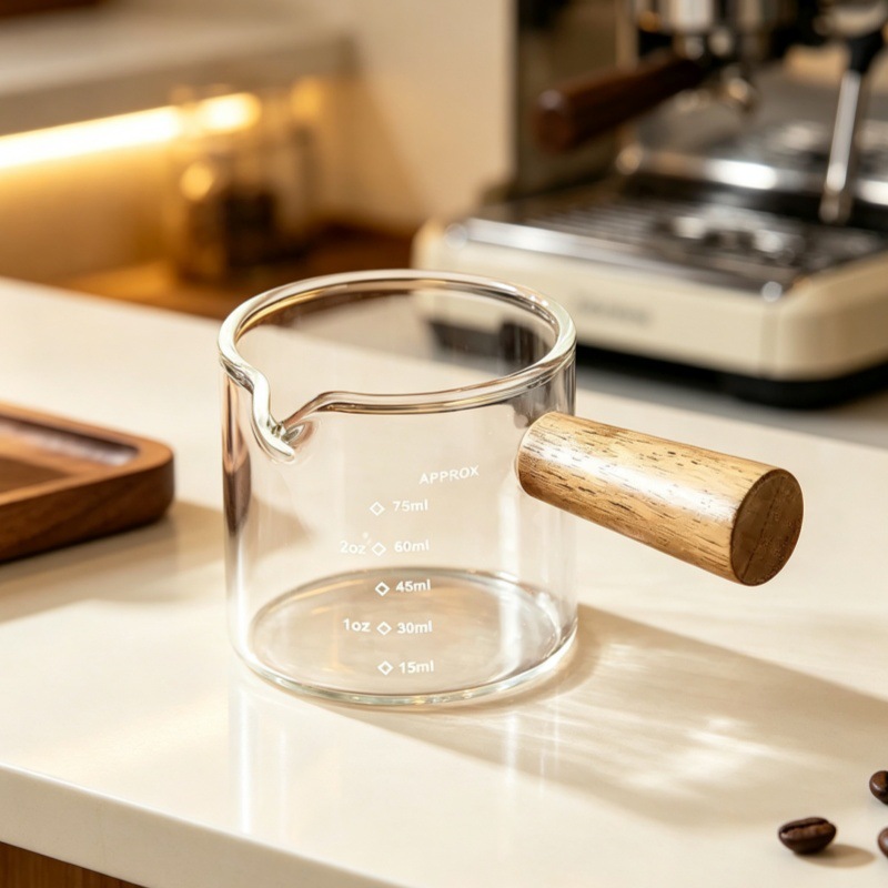 75ml glass milk cup with wooden handle, high borosilicate single spout milk cup with scale, coffee extraction small measuring cup with acacia wood handle