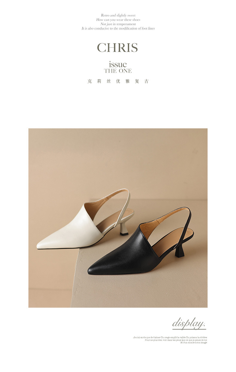 Giày sandal cao gót nữ mũi nhọn kiểu Pháp, da bò thật, gót mèo, hở mũi hở lưng — đen chi tiết 12
