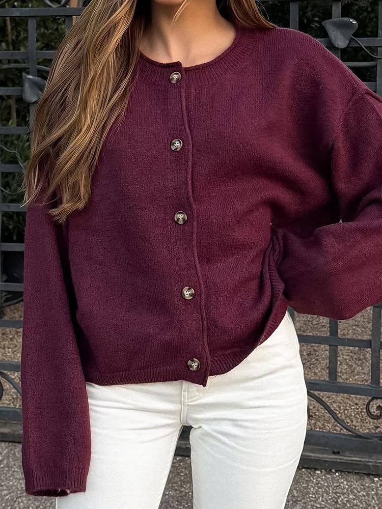 Cardigan de cuello redondo de color sólido de una sola fila de hebilla de moda de mujeres de otoño de manga larga suéter delgado de otoño y invierno 2025 estilo europeo y americano transfronterizo