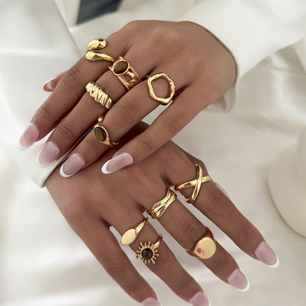 European and American Cross-Border Minimalist Style Irregular Adjustable Ring Set with Unique Metallic Texture Rings for Women