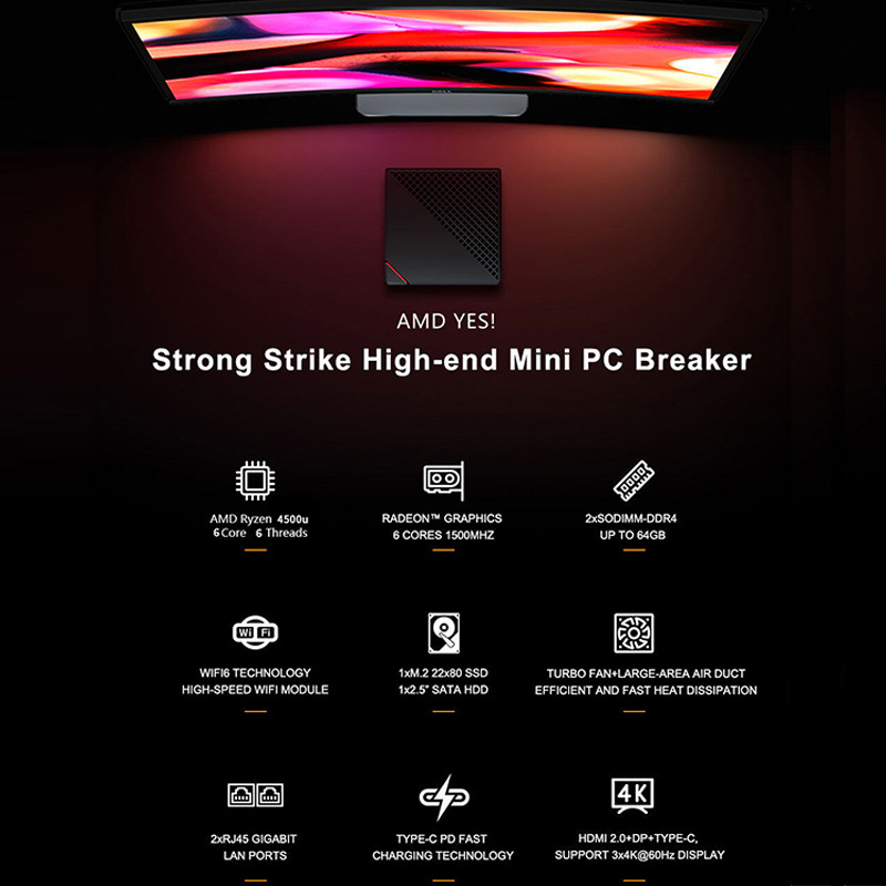 4500U mini ordenador host de doble puerto de red 4K de alto rendimiento Ruilong Oficina Juego hogar pequeño mini pc