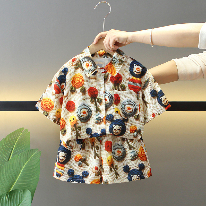 7875 traje de verano para niños 2025 nueva camisa de manga corta para niños de dos piezas ropa de moda de verano para bebés