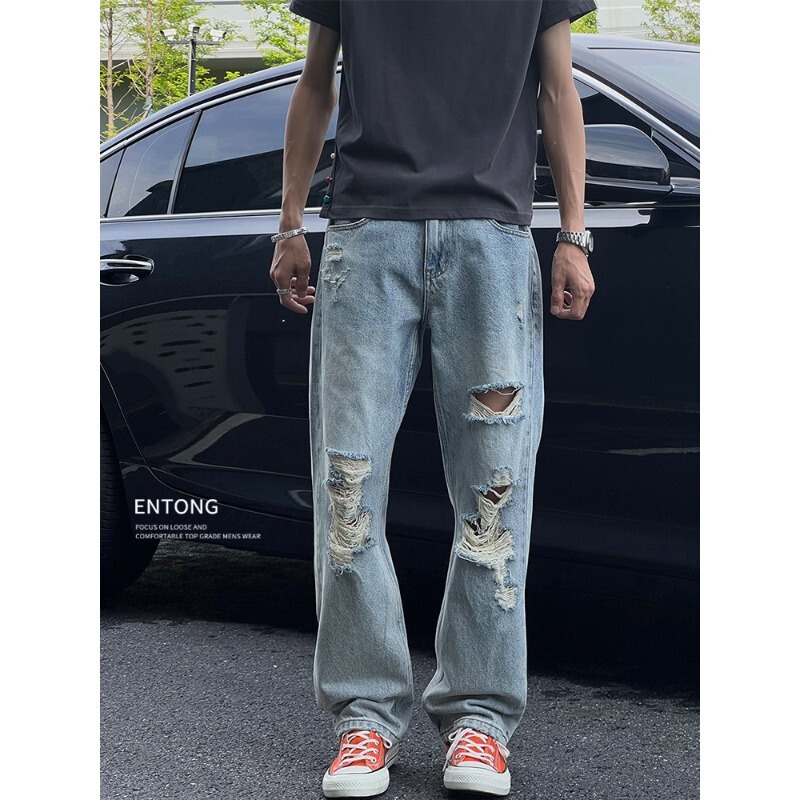 Ripped Jeans for Men, Straight Loose Fit, Trendy Designer Brand, New Summer Style, Drapey Pants, American Casual Denim