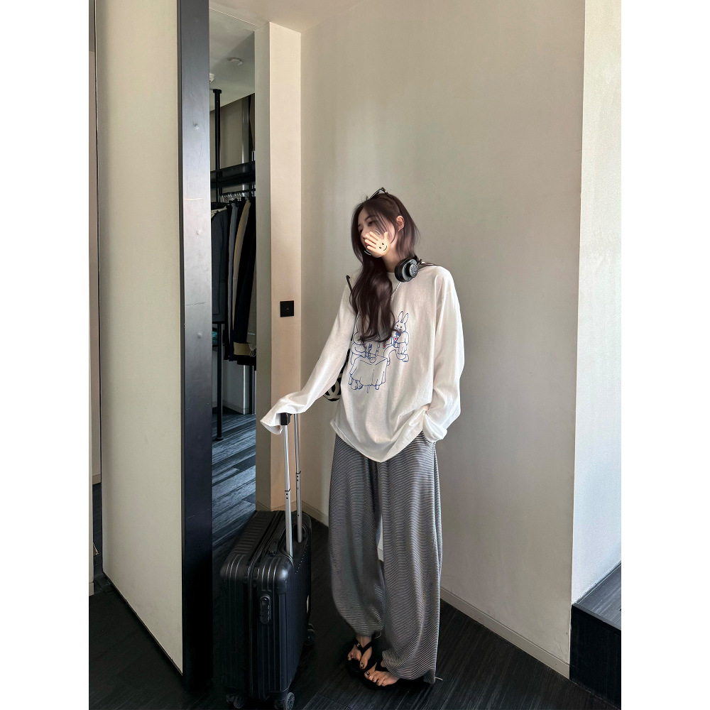 superniniyy 토끼 레스토랑&라인감 있는 슬리밍 루즈핏 면 카툰 긴팔 자외선 차단 티셔츠