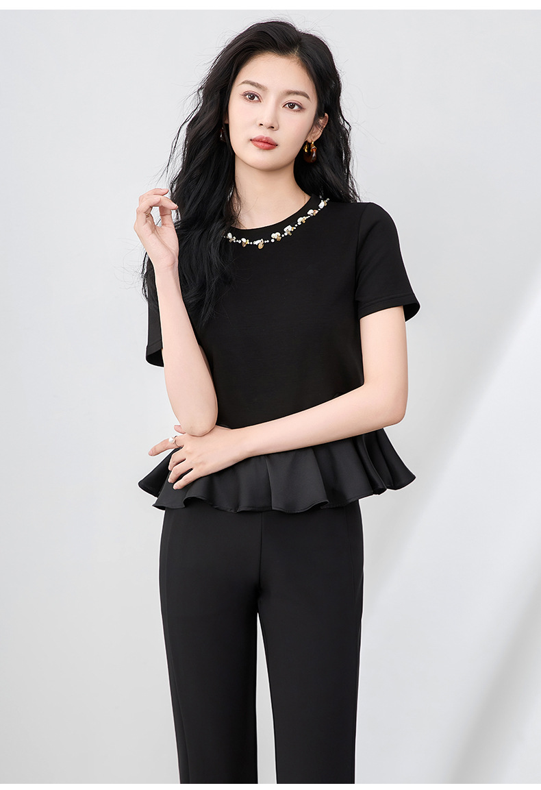 Áo thun nữ cổ tròn tay ngắn đính kim cương viền bèo nhún kiểu Pháp — Màu đen chi tiết 19