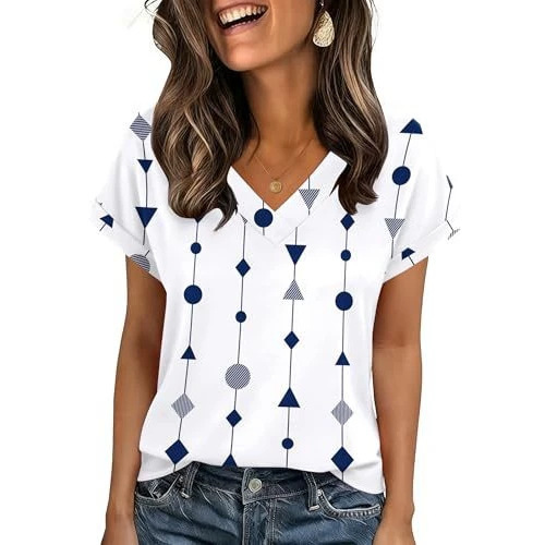 European and American women's summer tops 2025 new V-neck short-sleeve shirt, fashionable, elegant, casual, vacation wear with print