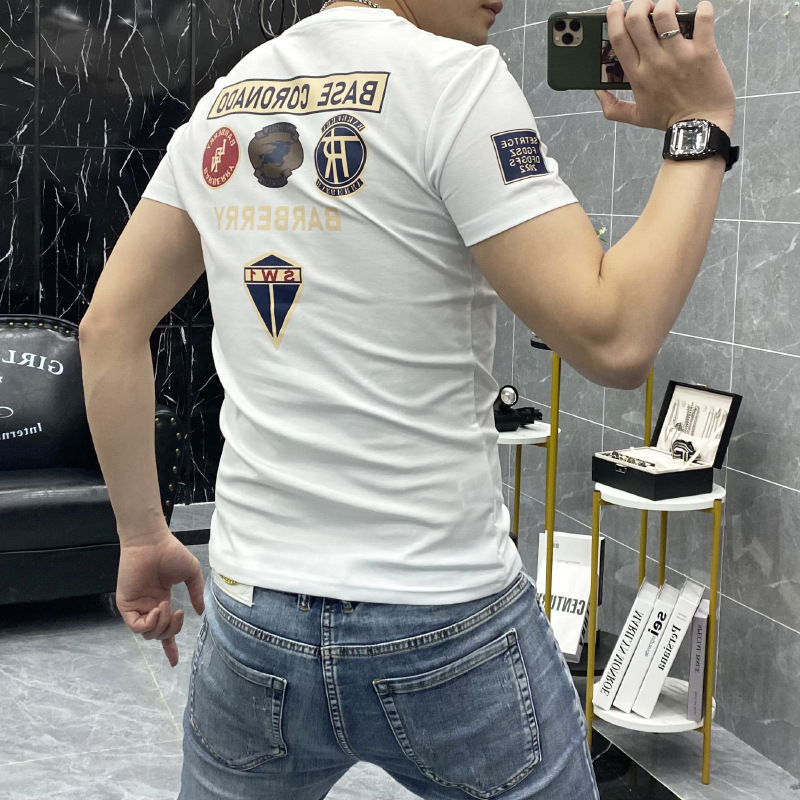 2026 Summer New Badge Embroidery Round Neck Half-Sleeve Men's Trendy Slim-Fit Short-Sleeve Simple Fashion Men's Top