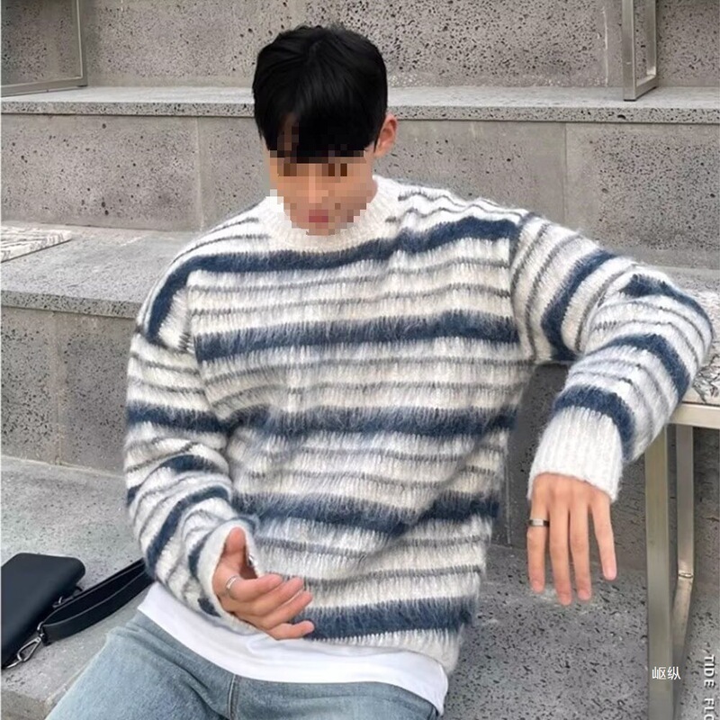 Spring and Autumn Japanese Retro Distressed Sailor Shirt Striped Sweatshirt Unisex Versatile Round Neck Trendy Couple Base Layer Top