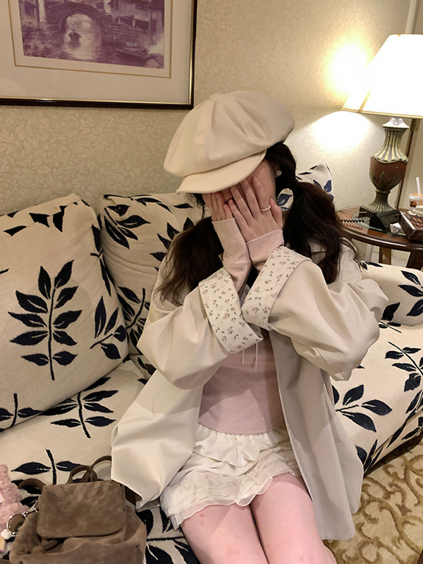 秋风寄语 袖口拼接碎花风衣女秋冬遮肉宽松学生可爱大衣减龄外套|undefined