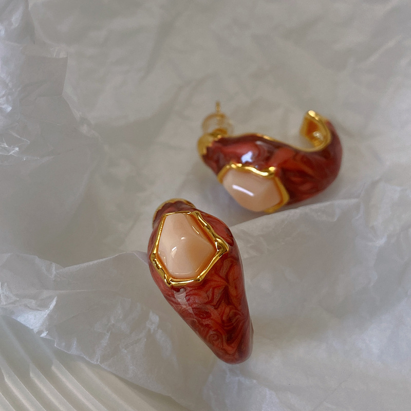 Retro Irregular Copper Enamel Plating Ear Studs 1 Pair