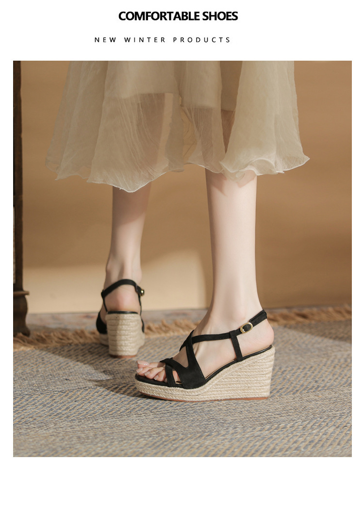 Sandal cao gót nữ hở mũi đế xuồng bọc dây thừng MJ90111 — màu đen chi tiết 17