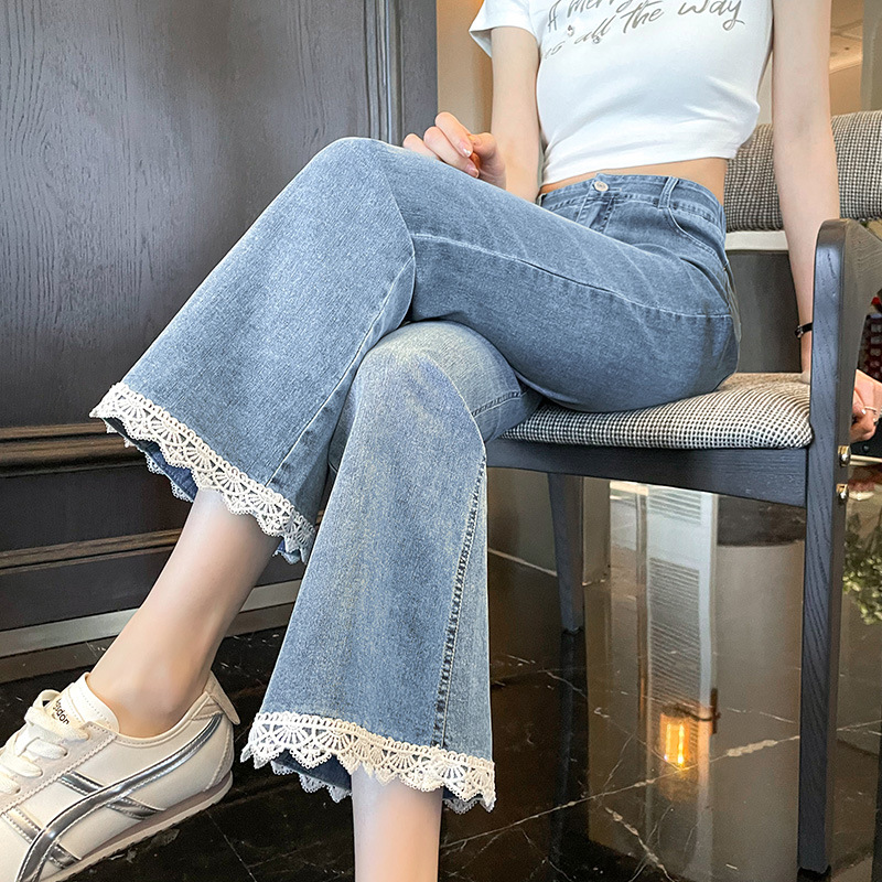 Tencel Denim Lace Stitching Cropped Trumpet Jeans Women's Summer Thin Jeans Women's High Waist A3742