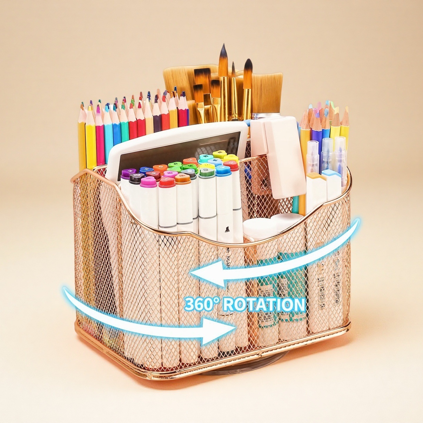 Caja de almacenamiento de metal giratoria de escritorio para suministros de oficina almacenamiento multifuncional para estudiantes de papelería estante de archivos de cosméticos escritorio