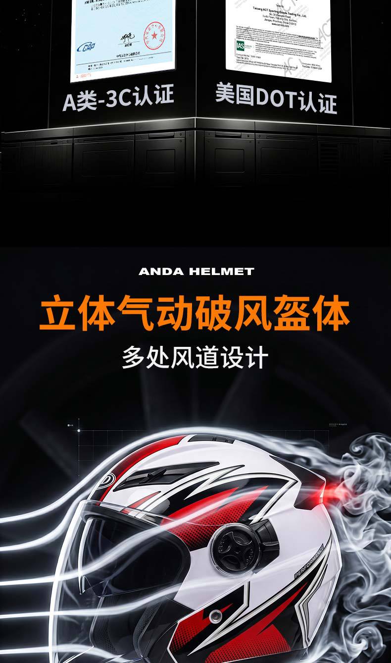 AD electric motorcycle helmet for men and women, 3C certified, three-quarter scooter helmet, all-season, with LED tail light, half helmet