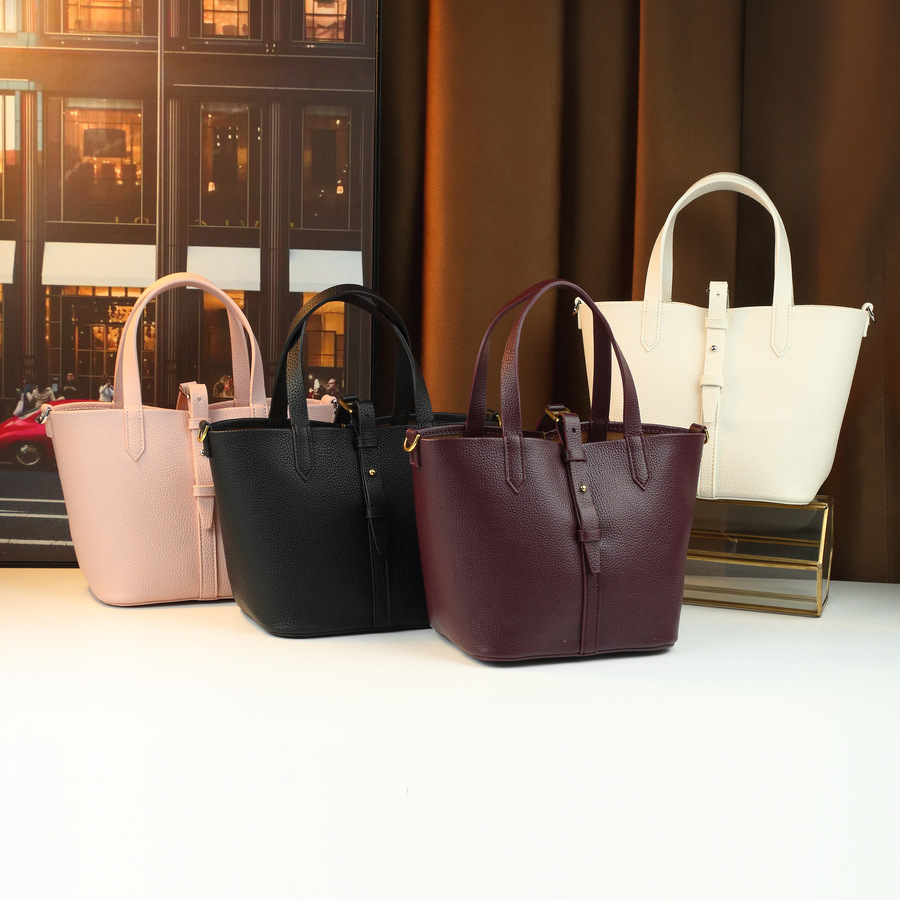 Lychee Pattern Women's Handbag Solid Color Bucket Bag Versatile Shoulder/Crossbody Bag For Commuting PU Leather Zipper Closure Medium Size_voghion.com
