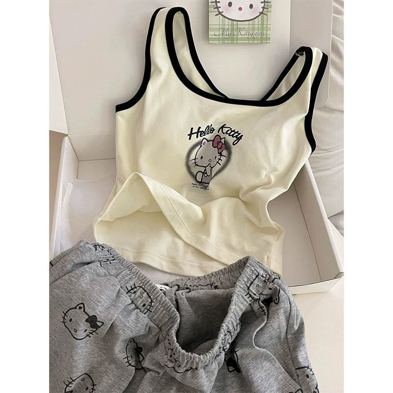 Пижамный набор: топ с чашками и шорты, принт Hello Kitty, модал и «ледяной» шёлк