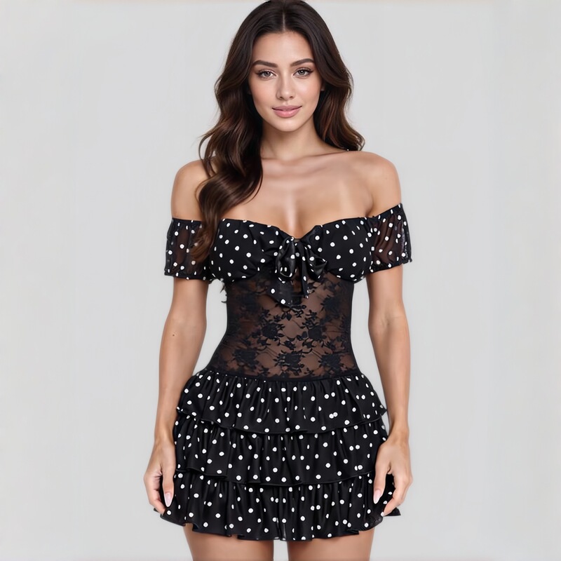 In-Stock Cross-Border Women's Fashion Sexy Lace Patchwork Polka Dot Tube Top Short Dress Slim Fit European and American Style Off-Shoulder Dress