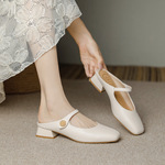 真皮包头拖鞋女粗跟春夏外穿新款法式方头百搭懒人半拖配裙女单鞋