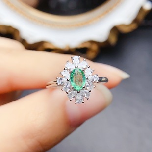New natural emerald ring S925 silver inlay main 4*6mm Joker net red explosions women's jewelry wholesale