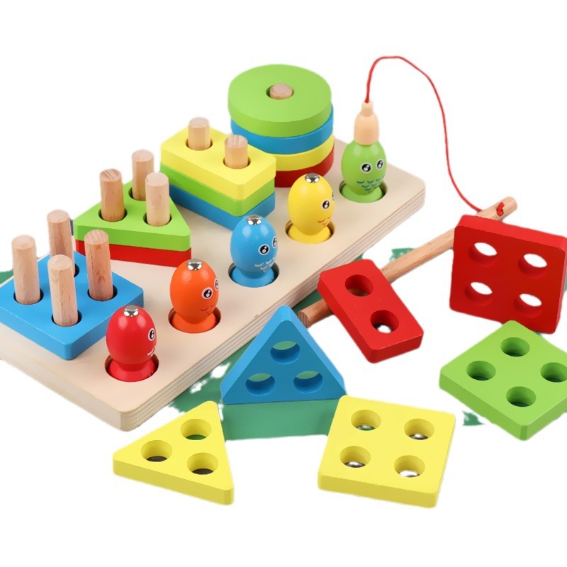 Forma geométrica cuatro juegos de caña de pescar 2 en 1 rompecabezas de madera juguetes para niños de 0-3 años de edad, regalo de jardín de infantes
